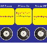 A colourful interface with three panels of data and three control knobs below